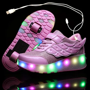 Зарядка от USB, Повседневная обувь для катания на роликовых коньках для детей, для мальчиков и девочек, Автоматические джазовые детские светящиеся кроссовки с колесиками